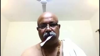 bald indian old man showing full body in underwear