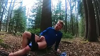 Cute boy at forest masturbates and cums